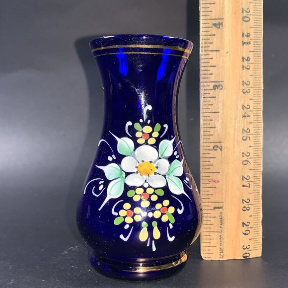 Vintage 3.5” Cobalt Blue Glass Bud Vase Raised Hand‑Painted Flowers Czech Rep. - Picture 5 of 7